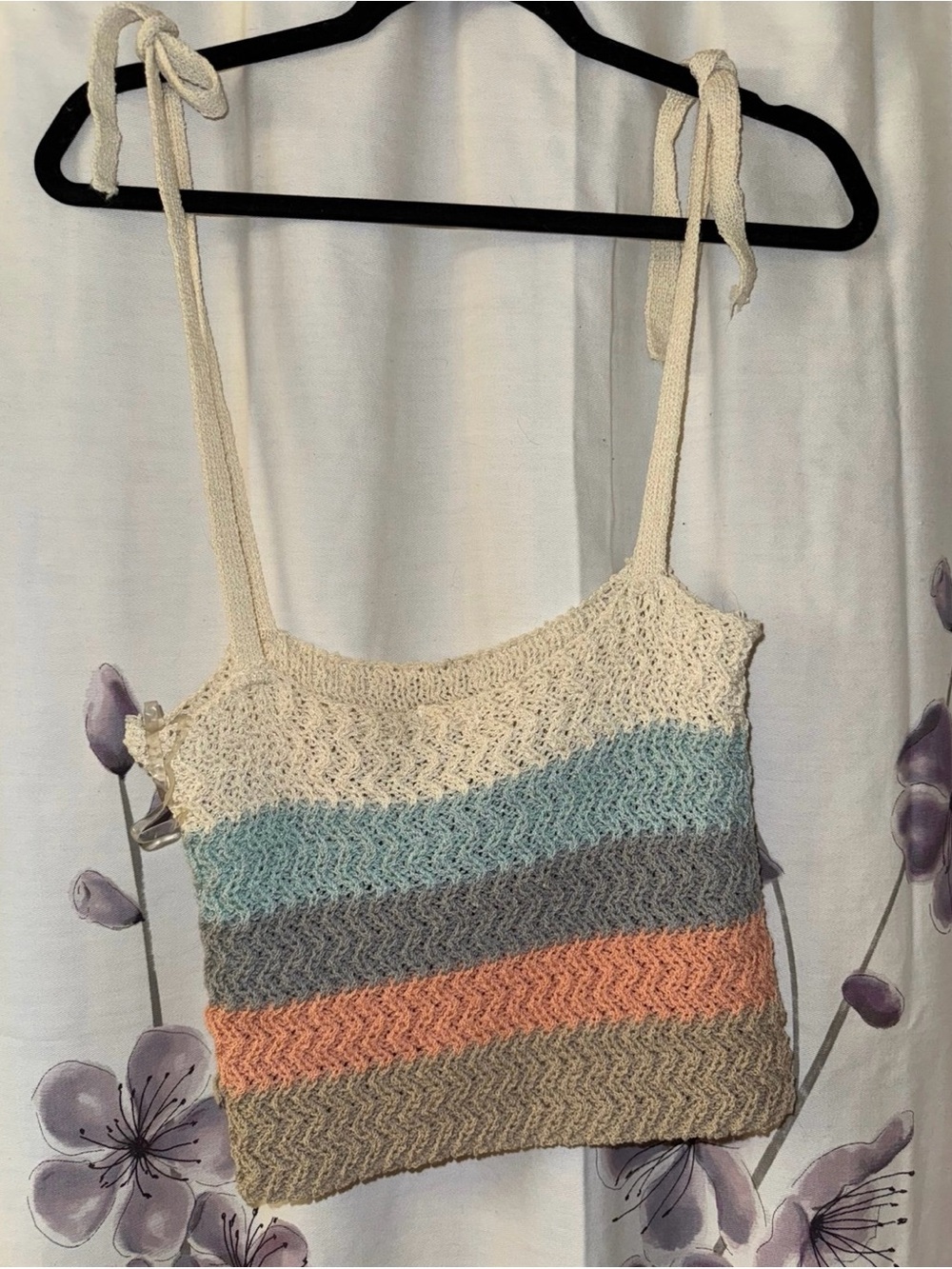 Boutique, Tie-Shoulder Striped Crochet Crop Top - Cream, Blue, Gray & Coral